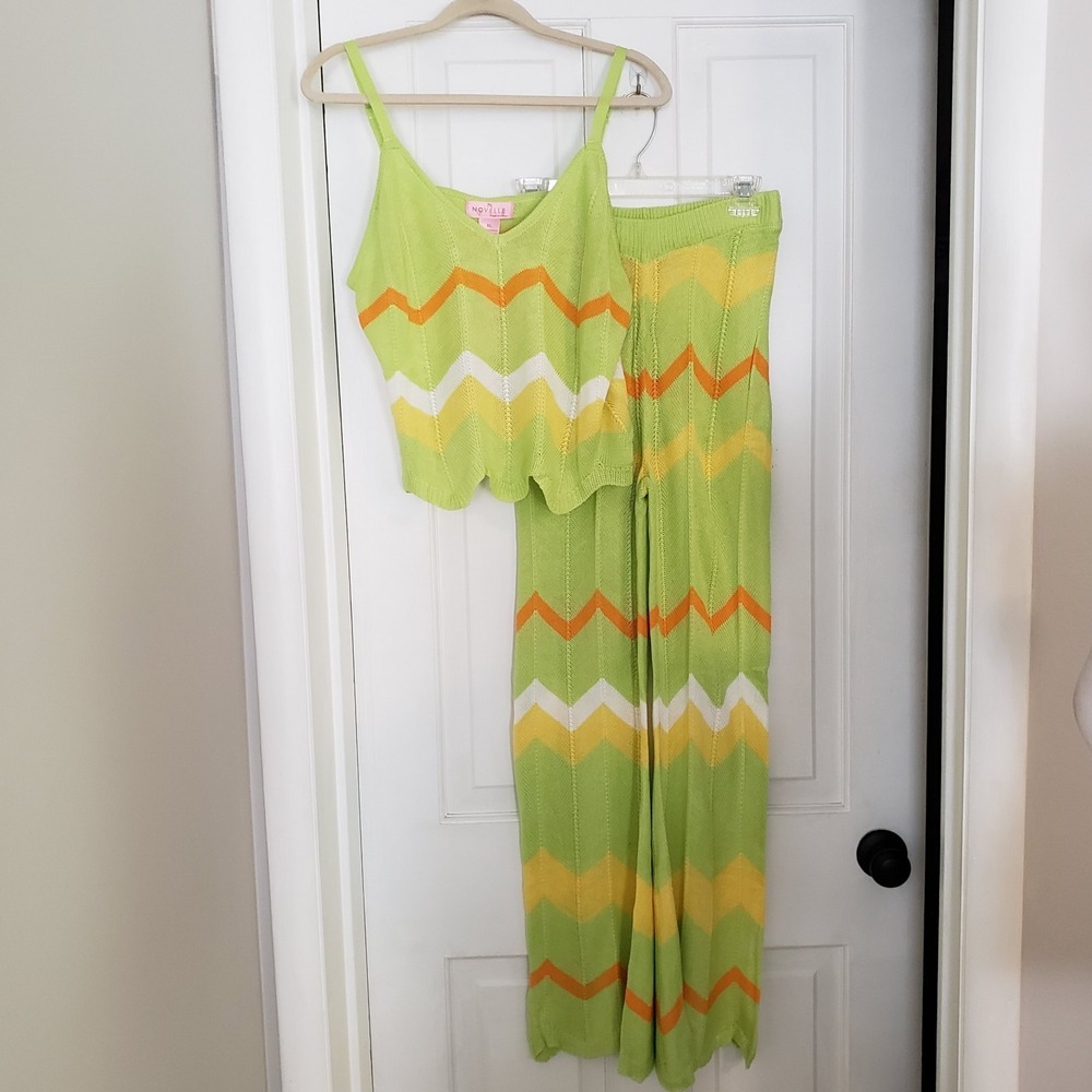 Novelle Two Piece Open Knit Beachy Top & Pants Set Boho Hippie Resort Chevron